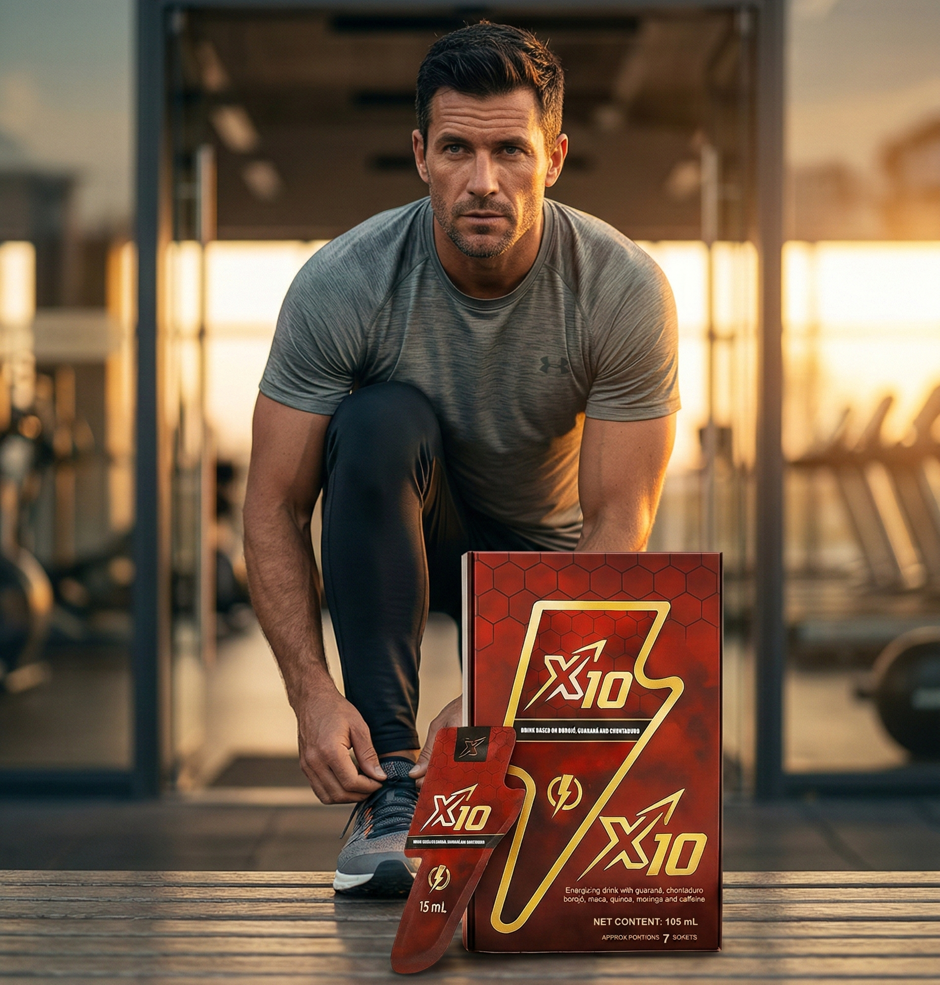 Man sitting on a bench with two X10 supplement boxes in front of him, outdoors.
