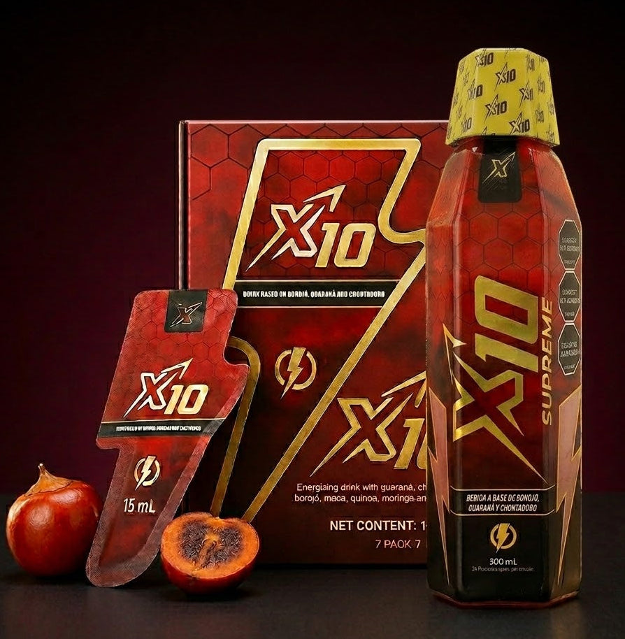 X10 energy drink packaging with a red background