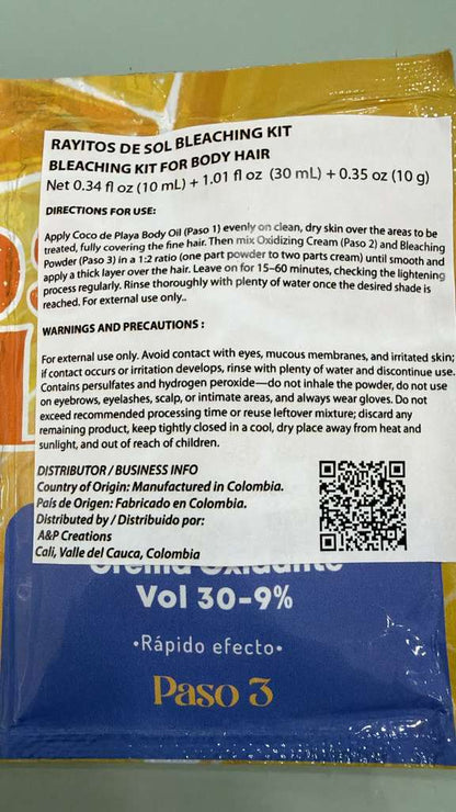 Rayitos de Sol Body Hair Lightening Kit – Gentle Bleaching System with Coconut Oil, Bleaching Powder, Oxidizing Cream & Brush | Fast, Safe & Skin-Friendly Results