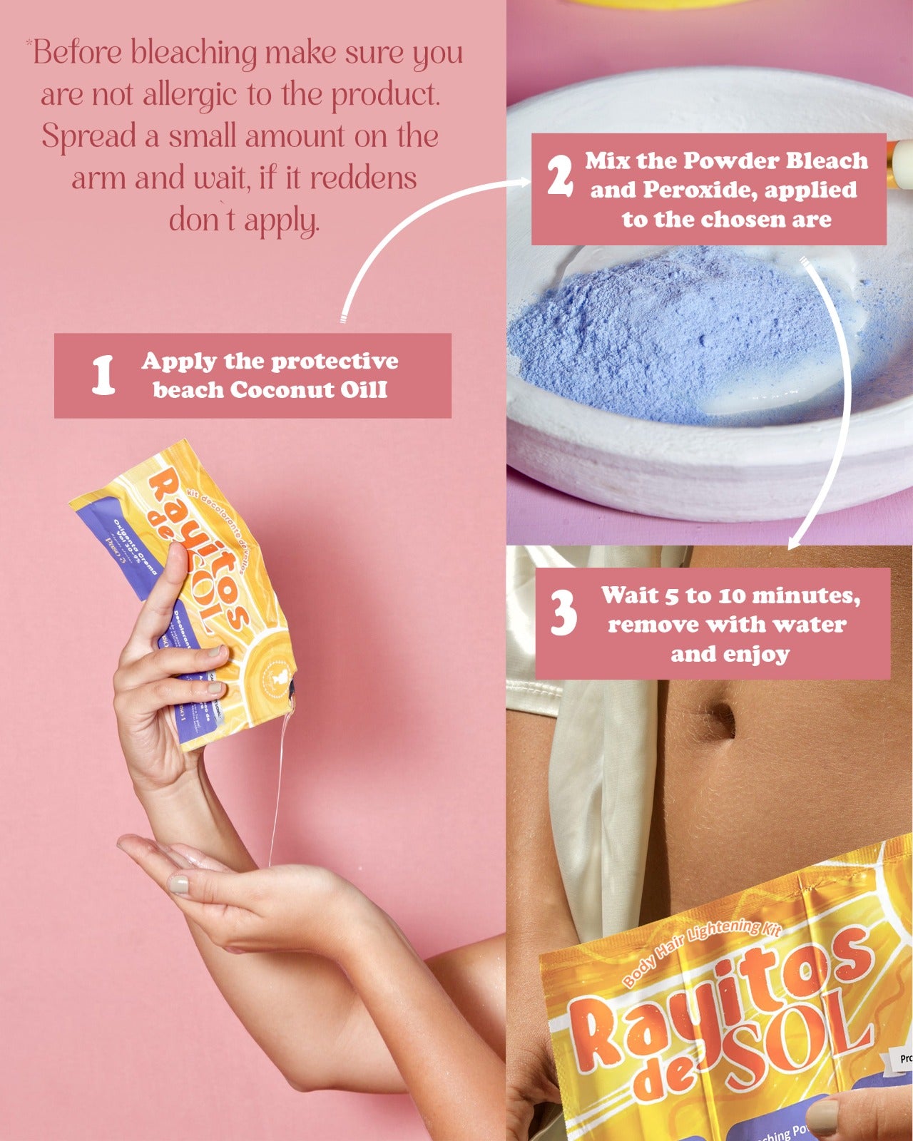 Rayitos de Sol Body Hair Lightening Kit – Gentle Bleaching System with Coconut Oil, Bleaching Powder, Oxidizing Cream & Brush | Fast, Safe & Skin-Friendly Results