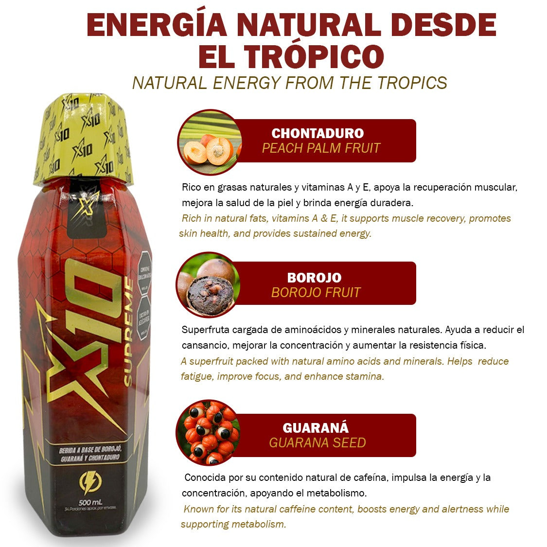 Supreme X10 Natural Energy Drink | 500ml Bottle | Boost Energy & Performance with Borojo, Chontaduro & Guarana