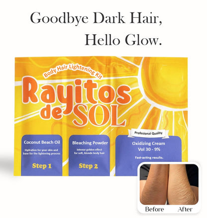 Rayitos de Sol Body Hair Lightening Kit – Gentle Bleaching System with Coconut Oil, Bleaching Powder, Oxidizing Cream & Brush | Fast, Safe & Skin-Friendly Results